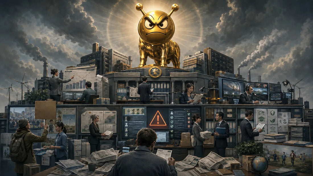 Goldene CO₂-Kalb-Statue über einer gewaltigen Klima-Bürokratiemaschine aus Akten, Bildschirmen, Medien, Förderapparat und Bürgern unter dunklem Himmel.