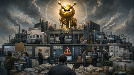 Goldene CO₂-Kalb-Statue über einer gewaltigen Klima-Bürokratiemaschine aus Akten, Bildschirmen, Medien, Förderapparat und Bürgern unter dunklem Himmel.