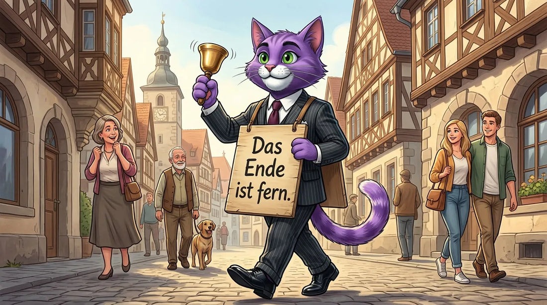 Violetter Kater im Anzug läuft mit Glocke und Schild „Das Ende ist fern“ durch eine freundliche Altstadt.