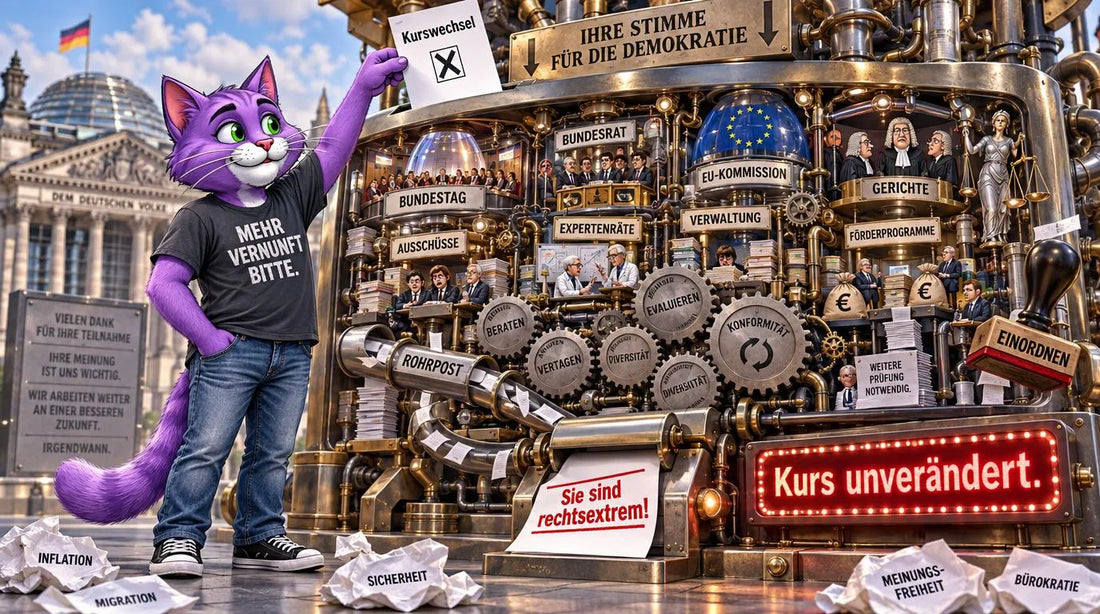 Ein violetter Kater wirft einen Wahlzettel Kurswechsel in eine riesige Bürokratiemühle; heraus kommen Sie sind rechtsextrem! und Kurs unverändert.