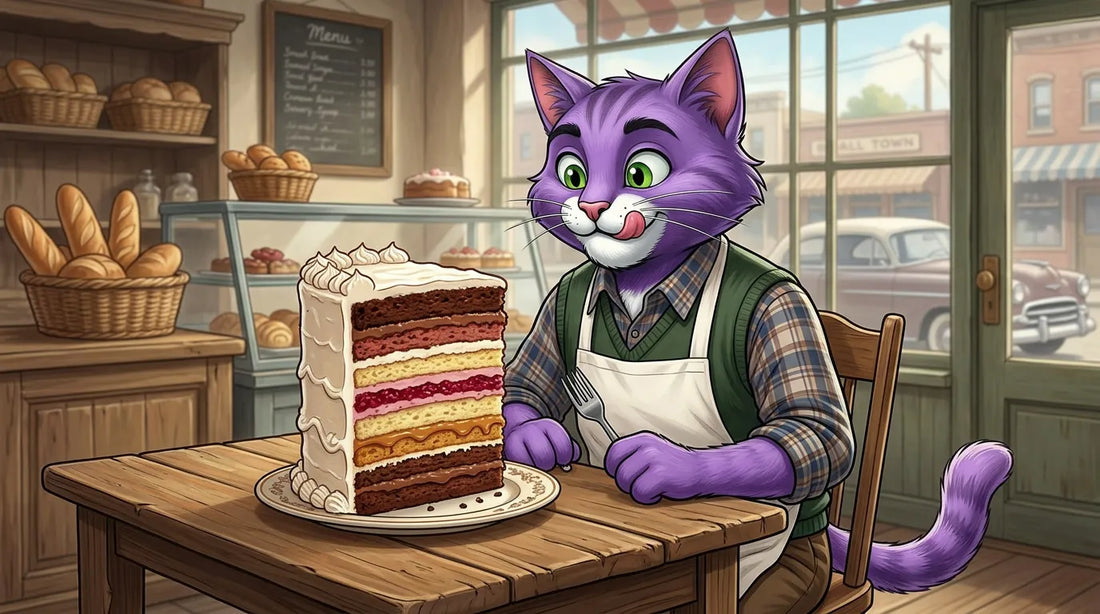 Ein lila Kater sitzt an einem Holztisch vor einem großen Stück mehrschichtiger Torte mit Creme- und Fruchtfüllungen.