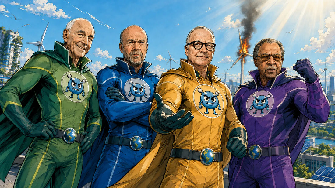 Vier comicartige Klima-Ranger in bunten Superheldenanzügen stehen vor einer nachhaltigen Stadtlandschaft; im Hintergrund brennt eine Windkraftanlage.