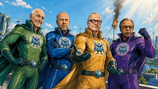 Vier comicartige Klima-Ranger in bunten Superheldenanzügen stehen vor einer nachhaltigen Stadtlandschaft; im Hintergrund brennt eine Windkraftanlage.